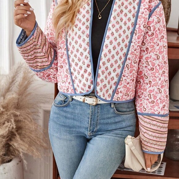 Multicolor Preppy Womens Floral Print Reversible Open Front Winter Coat - Picture 4 of 5